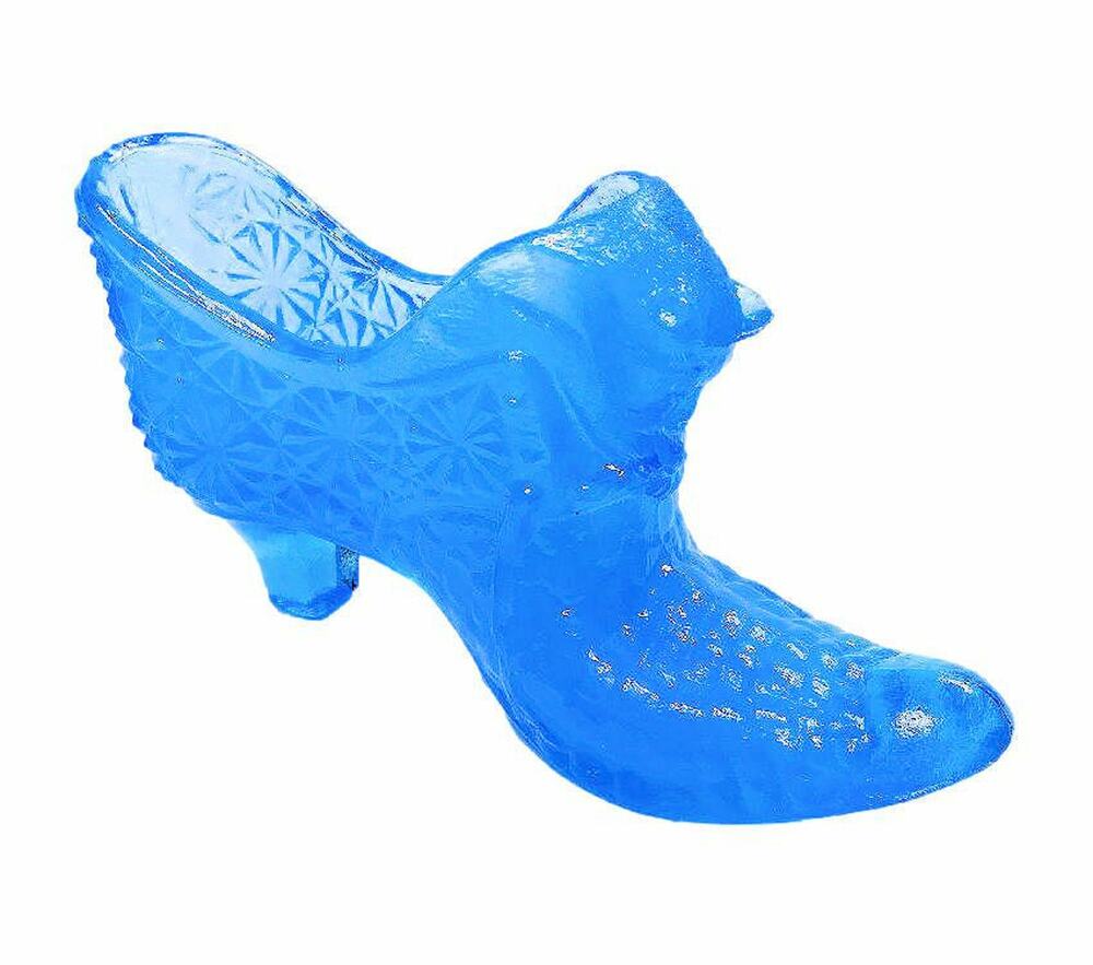 Boyd Crystal Art Glass Daisy Button Cat Slipper Shoe 1999 Peacock Blue Vintage